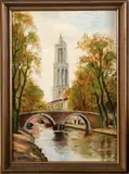 B. Dane, gracht met kerk, 1950, olieverf op paneel, gracht met kerk 20x30cm