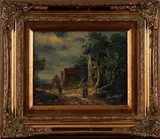 William West, bosgezicht met figuren, West 20e eeuw, olieverf op paneel, bosgezicht met huizen en figuren 20x25cm