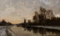 winter by Frederik Jacobus Du Chattel, Frederik Jacobus van Rossum du Chattel (1856 -1917), olieverf op linnen, wintergezicht langs de Vecht 80x50cm, offered Apr 2011
