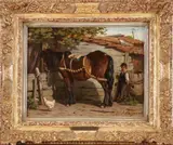 W.J. Boogaard, paard, Willem Johan Boogaard (Haarlem 1842 - 1888 Antwerpen), olieverf op paneel, jongen met sigaret bij paard 33x25cm
