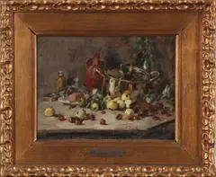 Eugène Joors, stilleven, Eugene Joors (1850 - 1910 Belgische school), olieverf op linnen, stilleven met fruit 24x32cm