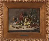 Eugène Joors, stilleven, Eugene Joors (1850 - 1910 Belgische school), olieverf op linnen, stilleven met fruit 24x32cm