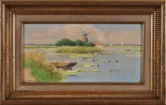 aquarel by G. van Jeveren, G. van Jeveren begin 20e eeuw, aquarel op papier, poldergezicht met molen 20x40cm, offered Apr 2011