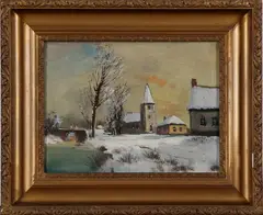 Onduidelijk gesigneerd ca, winterlandschap, 1920, olieverf op linnen, dorp in de winter 30x40cm