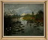 v.d. Weert, waterlandschap, Weert 20e eeuw, olieverf op linnen, plasgezicht met waterlelies 40x50cm
