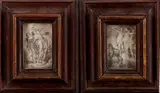 2 Gravures, 19e eeuw, Twee antieke 19e eeuwse gravures met barokke figuren in een Bijbelse voorstelling, gravures op papier 11x7cm