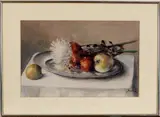 aquarel by Stilleven met bloemen en fruit, Onduidelijk gesigneerd, aquarel op papier, stilleven met fruit 34x54cm, offered Apr 2011