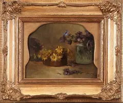 J. van Huysen ca, stilleven, 1900, olieverf op paneel, stilleven met bloemen 22x18cm