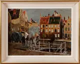 A. Navarre, stadsgezicht met figuren, Navarre 20e eeuw, olieverf op linnen, stadsgezicht met figuren 55x40cm