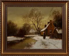 winter by A. van de Burg, 1920, olieverf op paneel, wintergezicht bij avond 42x33cm, offered Apr 2011