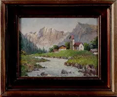 P. Lehmann, berglandschap met kerkje, Lehmann (Duitsland of Zwitserland) midden 20e eeuw, olieverf op paneel, berglandschap met kerkje 30x40cm