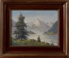 P. Lehmann, berglandschap met rivier, Lehmann (Duitsland of Zwitserland) midden 20e eeuw, olieverf op paneel, berglandschap met rivier 30x40cm