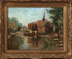 Onduidelijk gesigneerd ca, vrouw aan rivier, 1920, olieverf op linnen, wassende vrouw aan rivier 32x43cm