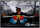 R. Habraken, man op motor, Ronald Habraken, gemengde techniek (foto met acrylverf), motorrijder in Amsterdam 140x100cm