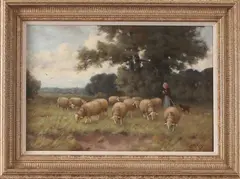 M. Nefkens, schapen, Martinus Jacobus Nefkens (1926 - 1981 Ede), olieverf op linnen,m herderin met schapen 40x60cm