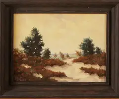 J. Lansaat, heidegezicht, Lansaat 20e eeuw, olieverf op linnen, heidegezicht 30x40cm