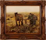 H. van de Meer, boer met kar, Meer 1990, olieverf op linnen, boer met paard en wagen 50x60cm