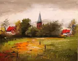 O Köster, kerkdorp, Otto Köster (Duitsland), olieverf op linnen, impressionistisch landschap met kerk 40x50cm
