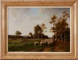 Adriaan M. Geijp, schaapherder, Adriaan Marinus Geijp (Middelburg 1885 - 1926 Den Haag), olieverf op linnen, schaapherder met schapen 50x70cm