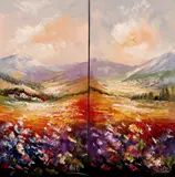 S. Nolte, twee landschappen, Nolte (Duitsland), olieverf op linnen, tweeluik van Duitse landschappen met bloemenvelden 80x40cm