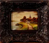 T. v. Est, landschap met kerk, Est, olieverf op linnen, landschap met kerk en figuren 18x24cm