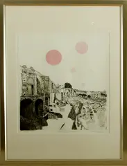 Joost Minnigh, eigendruk, Joost Minningh 1977, ets op papier, balonnen boven circe massimo 47x52cm