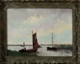 A. v. de Burg, waterlandschap, Burg, olieverf op paneel, poldergezicht 20-er jaren 60x80cm