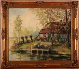Onduidelijk gesigneerd, landschap met vrouw