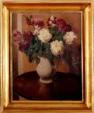 J. de Coninck, bloemen, J. de Coninck 1e helft 20e eeuw (vermoedelijk België), olieverf op linnen, aardewerken vaas met bloemen 50x60cm