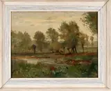 W. Korteling, Deventer school, Willem Korteling (Deventer 1889 - 1927), olieverf op linnen, landschap met knotwilgen en koeien 32x43cm