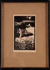 Piet Rackwitz, houtsnede, Piet Rackwitz (1892 Den Haag), houtsnede op papier, zwanen 15x10cm