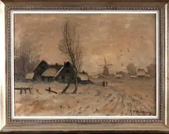 Eduard Steinbach, winterlandschap, Steinbach (1878-1939), olieverf op linnen, winterlandschap met Fachwerkhuis en molen, 63x47cm