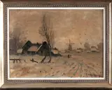Eduard Steinbach, winterlandschap, Steinbach (1878-1939), olieverf op linnen, winterlandschap met Fachwerkhuis en molen, 63x47cm