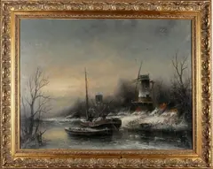 G. Nijland, winterlandschap met molen, Nijland, olieverf op paneel, winterlandschap met molen, 60x80cm