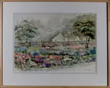 Yvonne oude Elferink, twents landschap, Yvonne oude Elferink, aquarel op papier, Twents landschap met ganzen, 50x70cm