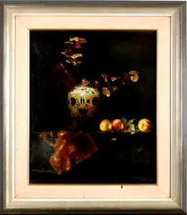 H. van Steen, stilleven, H. van Steen, olieverf op linnen, stilleven met vaas en appels, 50x60cm