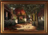 P. v. Dijk, boerderij met kippen, Dijk, olieverf op linnen, boerderij met kippen, 60x100cm