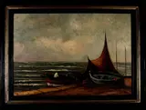Gesigneerd R. Wouters, kade met schepen, Wouters, olieverf op linnen, kade met schepen en vissers, 120x80cm