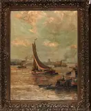 A. van de schouw, havengezicht, A. van de Schouw (1873-1946 Gouda), olieverf op linnen, havengezicht, 60x80cm