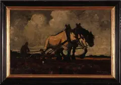 A.H. Gouwe, ploegende paarden, Gouwe (1875 - 1965), olieverf op linnen, ploegende paarden, 59x38cm