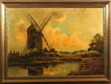v. Kregten, landschap met molen, Jaap van Kregten (1871-1937 Den Haag), olieverf op linnen, Twents landschap met stenderkastmolen