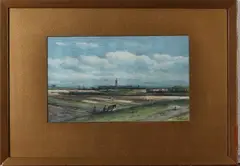 Johan Adolph Rust, aquarel, Johan Adolph Rust (1828-1915), aquarel op papier, landschap met dorp