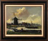 J. Veen, landschap met molen, Veen, olieverf op linnen, landschap met molen in de Haagse school stijl