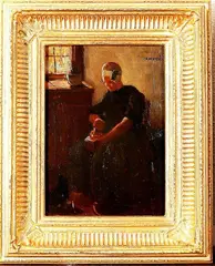 Jan Harm Weijns, vrouw in kledendracht, Jan Harm Weijns (Zwolle 1864 - 1945 Rotterdam), olieverf op paneel, interieur met vrouw in kledendracht 18x25cm