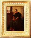 Jan Harm Weijns, vrouw in kledendracht, Jan Harm Weijns (Zwolle 1864 - 1945 Rotterdam), olieverf op paneel, interieur met vrouw in kledendracht 18x25cm