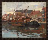 Emil Rizek, Gouache, Emil Rizek (Oostenrijk 1901 - 1985), gouache ingelijst achter glas, vrachtscheepje in binnenhaven te Bergen op Zoom