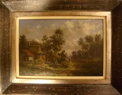 A.J. van Prooyen, landschap, Albert Jurardus van Prooyen (Groningen 1834 - 1898 Amsterdam), olieverf op paneel, romatisch landschap met figuren