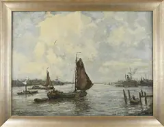 Evert Moll, Hollandse havenmonding met schepen, Olieverf op linnen