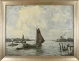 Evert Moll, Hollandse havenmonding met schepen, Olieverf op linnen