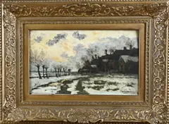W.H. Jintes, Winters dorpsgezicht, Olieverf op paneel